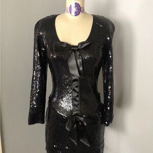 Tom and Linda Platt Women's Black Long Sleeve Sequin Dress W/ Front Bows Small 